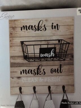"Masks In Masks Out" Wall Hook Sign - Black on Wood